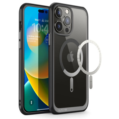 Czarne etui Supcase UB MagSafe do iPhone 14 Pro Max z przezroczystymi pleckami, widocznym pierścieniem magnetycznym oraz włączonym ekranem telefonu.