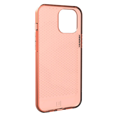 Pomarańczowe etui UAG Lucent do iPhone 12 oraz 12 Pro z półprzezroczystą fakturą w kropki, widoczne pod kątem z wycięciem na wyspę aparatów i logo marki.