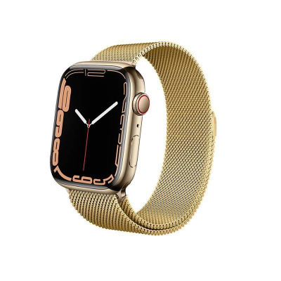 Złoty pasek Crong Milano Steel do Apple Watch 44/45/49mm z magnetycznym zapięciem, założony na kopertę zegarka z tarczą wskazującą godzinę dziesiątą dziesięć.