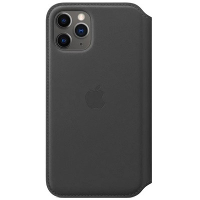 Czarne skórzane etui folio Apple do iPhone 11 Pro z otwartą klapką, ukazujące profil telefonu z widocznymi ikonami aplikacji na ekranie oraz przyciskami