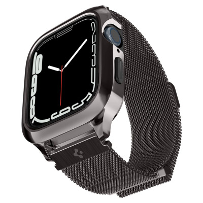 Grafitowe etui Spigen Metal Fit Pro z bransoletą typu mesh na zegarku Apple Watch 45/44mm, widok z boku na koronkę Digital Crown i przycisk boczny.