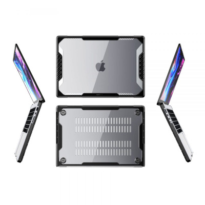 Czarne etui Supcase Unicorn Beetle do MacBooka Pro 16 2021-2023, prezentujące widok z góry, od spodu z otworami wentylacyjnymi oraz z profilu po obu stronach.