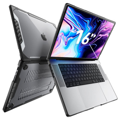 Czarne etui Supcase Unicorn Beetle na MacBook Pro 16 cali, widok na zabezpieczoną obudowę z otwartą klapą oraz spód z otworami wentylacyjnymi na białym tle.