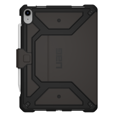 Czarne etui UAG Metropolis SE do iPad 10. generacji z widocznym wycięciem na aparat, zintegrowanym uchwytem na rysik Apple Pencil oraz logotypem UAG.