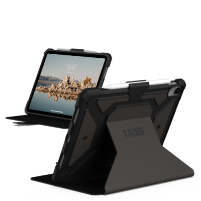 Czarne etui UAG Metropolis SE do iPad 10. generacji z pionowymi żłobieniami na przedniej klapce oraz wyraźnym logo marki UAG umieszczonym po prawej stronie.