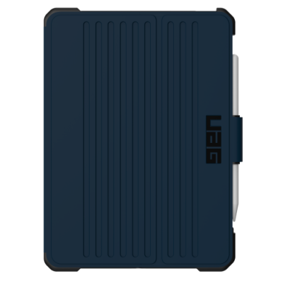 Granatowe etui UAG Metropolis SE do iPad 10. generacji z pionowymi żłobieniami na froncie, zapięciem magnetycznym oraz wbudowanym uchwytem na rysik Apple.