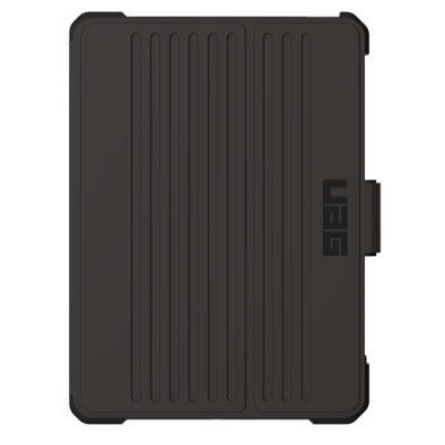 Czarne etui UAG Metropolis SE do iPad Pro 11 oraz iPad Air z pionowymi żłobieniami na przedniej klapce i wyraźnym logo marki umieszczonym po prawej stronie.