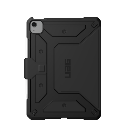 Czarne etui UAG Metropolis SE do iPad Pro 11 oraz iPad Air z pionowymi żłobieniami na przedniej klapce i wyraźnym logo marki umieszczonym po prawej stronie.