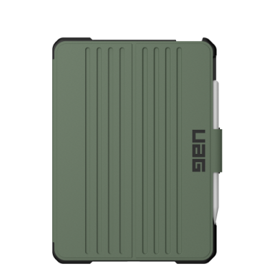 Oliwkowe etui UAG Metropolis SE do iPad Pro 11 i iPad Air z pionowymi żłobieniami, czarnymi narożnikami oraz zapięciem magnetycznym z logo UAG i rysikiem.