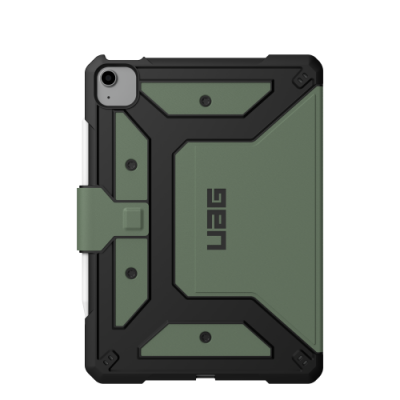 Oliwkowe etui UAG Metropolis SE do iPad Pro 11 i iPad Air z pionowymi żłobieniami, czarnymi narożnikami oraz zapięciem magnetycznym z logo UAG i rysikiem.