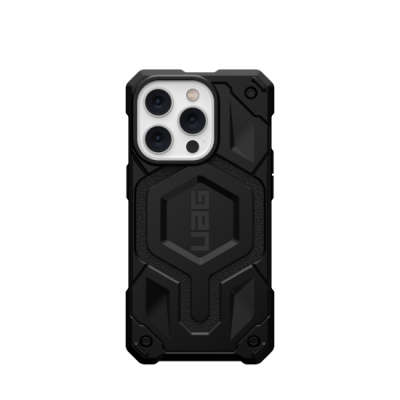 Czarne etui UAG Monarch z MagSafe do iPhone 14 Pro, widok na tył z charakterystyczną heksagonalną teksturą, wzmocnionymi narożnikami i wyspą aparatów.