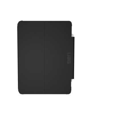 Czarne etui UAG Plyo do iPad Pro 11 oraz iPad Air z widocznym logo marki na froncie i wbudowanym uchwytem na rysik Apple Pencil po prawej stronie.