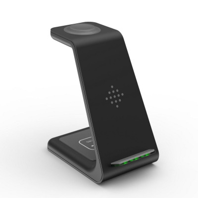 Czarna ładowarka indukcyjna Tech-Protect A8 3w1 do iPhone, Apple Watch i AirPods z podświetlanym panelem LED, widoczna w ujęciu z profilu na białym tle.