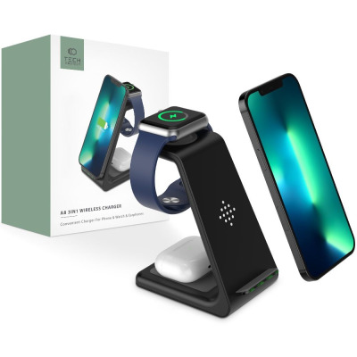 Czarna ładowarka indukcyjna Tech-Protect A8 3w1 z telefonem iPhone, zegarkiem Apple Watch i słuchawkami AirPods na tle opakowania z napisem Tech-Protect.