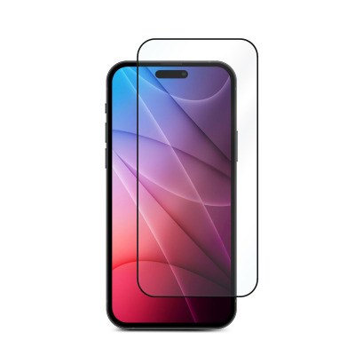 Szkło hartowane eSTUFF Full Cover do iPhone 14 Pro nałożone na ekran smartfona z kolorową tapetą, ukazujące precyzyjne dopasowanie ochronnej powłoki do
