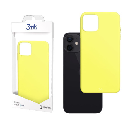Etui 3mk Matt Case w kolorze limonkowym do iPhone 13 obok czarnego telefonu z widoczną wyspą aparatów oraz opakowanie z logo 3mk i certyfikatami RoHS PZH.