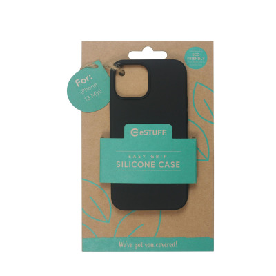 Czarne etui eSTUFF Silk-touch do iPhone 13 mini na ekologicznym opakowaniu z nadrukiem Easy Grip Silicone Case oraz informacją o przyjaznym dla środowiska.