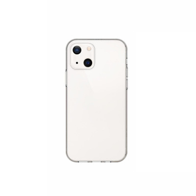 Przezroczyste etui eSTUFF LONDON Soft Case do iPhone 13 mini, ukazujące tylny panel telefonu z charakterystyczną wyspą aparatów w układzie diagonalnym.