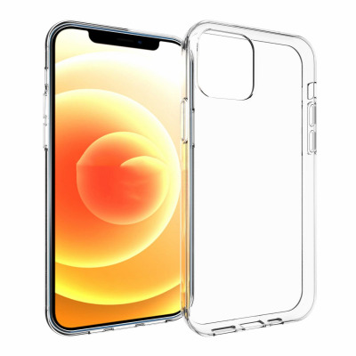 Przezroczyste etui eSTUFF London Soft Case do iPhone 13 mini obok telefonu z wyświetlaczem prezentującym abstrakcyjną grafikę w odcieniach pomarańczu.