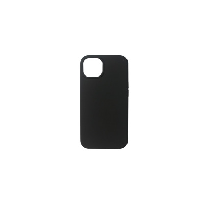 Czarne etui eSTUFF Madrid typu Silk-touch do iPhone 13 mini, wykonane z silikonu, z widocznym wycięciem na kwadratową wyspę aparatów na tylnym panelu.