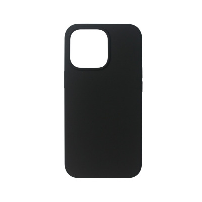 Czarne etui silikonowe eSTUFF do iPhone 13 Pro Max z precyzyjnie wyciętym otworem na wyspę aparatów, widok na tylną część akcesorium na białym tle.