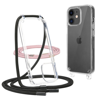 Przeźroczyste etui Tech-Protect Flexair Chain do iPhone 11 z czarną smyczą na szyję oraz dodatkową różową smyczą w tle, widok na telefon w etui od tyłu.