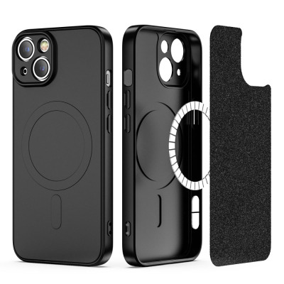 Czarne etui Tech-Protect Icon MagSafe do iPhone 14 w trzech widokach: z tyłu z pierścieniem magnetycznym, wnętrze z wkładką oraz profil z wycięciami.