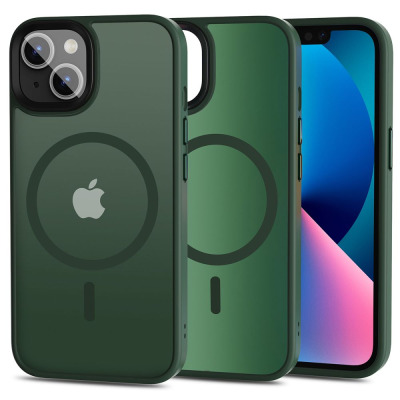 Matowe etui Tech-Protect Magmat w kolorze zielonym do iPhone 13 z widocznym pierścieniem MagSafe, wyspą aparatów oraz telefonem prezentowanym od frontu.