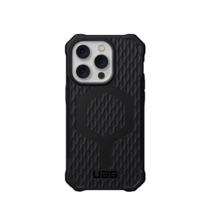 Czarne etui UAG Essential Armor MagSafe do iPhone 14 Pro Max z teksturowanym wzorem na pleckach oraz wycięciem na potrójny aparat i logo UAG na dole.
