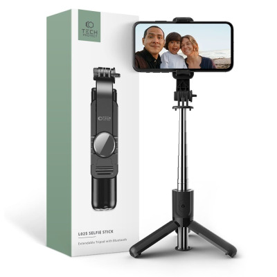 Czarny selfie stick Tech-Protect L02S z rozkładanym statywem i uchwytem na smartfon, obok opakowanie z logo marki i napisem L02S Selfie Stick.
