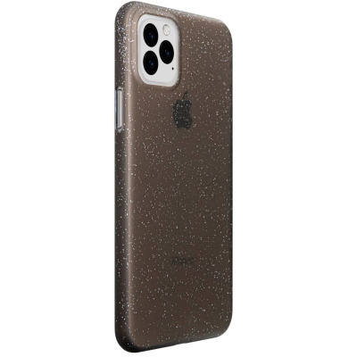 Czarne etui Laut Slimskin do iPhone 11 z subtelnym brokatowym wykończeniem, ukazujące profil urządzenia z widoczną wyspą aparatów oraz logo Apple na pleckach.