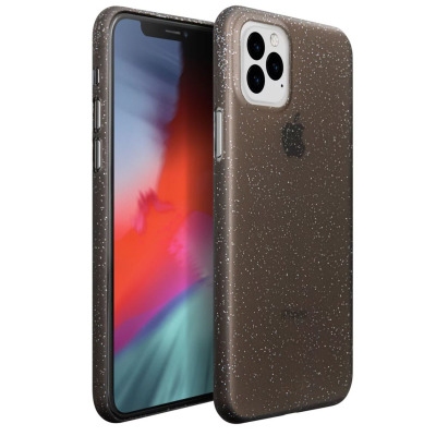 Czarne etui Laut Slimskin do iPhone 11 z subtelnymi drobinkami brokatu, ukazujące profil urządzenia z widoczną wyspą aparatów oraz przyciskami bocznymi.