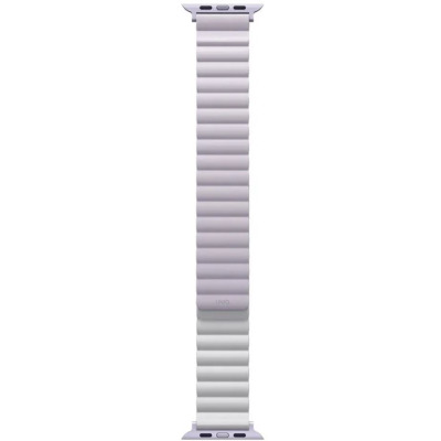 Dwustronny pasek UNIQ Revix w kolorze liliowym do Apple Watch 38/40/41/42 mm z widocznym logotypem marki na zapięciu oraz metalowymi konektorami.
