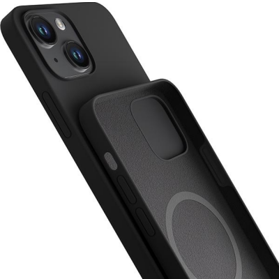 Grafitowe etui 3mk Hardy Case do iPhone 14 z widocznym wnętrzem wyłożonym materiałem, pierścieniem MagSafe oraz precyzyjnymi wycięciami na przyciski.