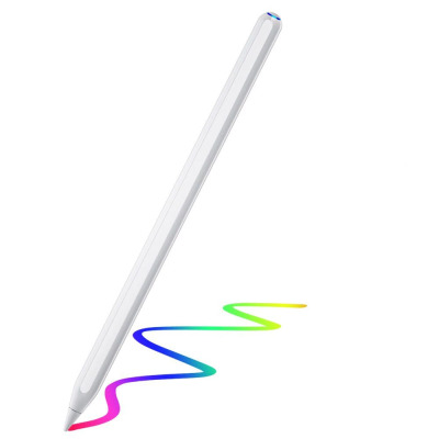 Biały rysik Tech-Protect Stylus Pen 2 do iPada z podświetlaną końcówką obok opakowania z logo producenta, widok na produkt w pełnej okazałości.
