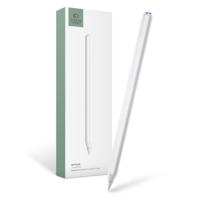 Biały rysik Tech-Protect Stylus Pen 2 do iPada z podświetlaną końcówką obok opakowania z logo producenta, widok na produkt w pełnej okazałości.