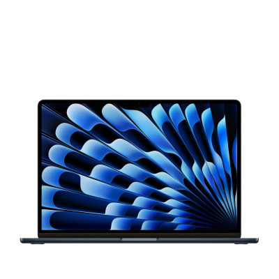 Apple MacBook Air 15 z czipem M2 w kolorze północ, widoczny od frontu z otwartą klapą oraz abstrakcyjną, niebieską tapetą na ekranie o cienkich ramkach.