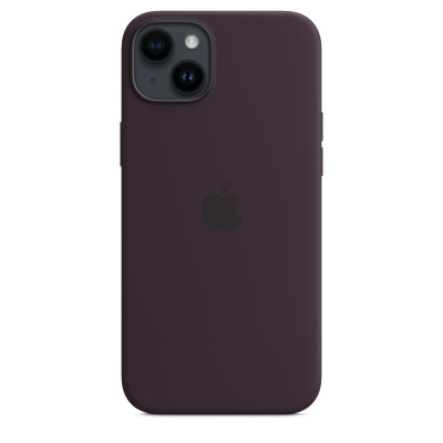 Fioletowe etui silikonowe Apple z MagSafe do iPhone 14 Plus, widok na tylną część obudowy z wycięciem na wyspę aparatów i centralnie umieszczonym logo.