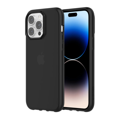 Czarne etui ochronne Griffin Survivor do iPhone 14 Pro Max z widoczną wyspą aparatów na białym tle, prezentujące logo Apple na tylnym panelu obudowy.