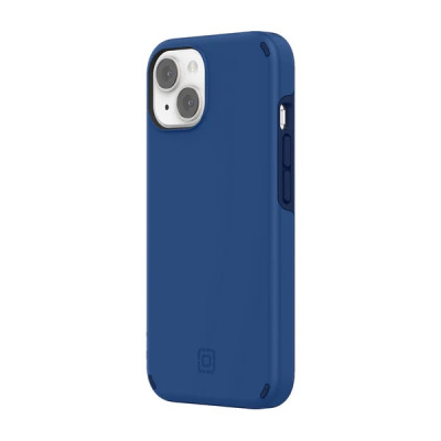 Niebieskie etui Incipio Duo do iPhone 13 i 14, widok z tyłu na wyspę aparatów oraz logo marki w dolnej części obudowy o matowej fakturze.