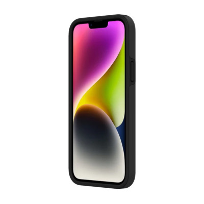 Czarne etui Incipio Duo na smartfon iPhone 14 Plus, widok z profilu prezentujący matową powierzchnię obudowy oraz precyzyjne wycięcia na przyciski boczne.