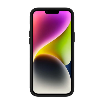 Czarne etui Incipio Duo na smartfonie iPhone 14 Plus z kolorową tapetą na ekranie, prezentowane w widoku od frontu z wyraźnymi ramkami ochronnymi.