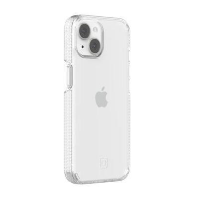 Przeźroczyste etui Incipio Duo do iPhone 14 Plus, ukazujące tylny panel urządzenia z widoczną wyspą aparatów, logo Apple oraz charakterystyczną fakturą boków.