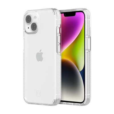 Przeźroczyste etui Incipio Duo do iPhone 14 Plus założone na telefon, prezentujące widok na tył z wyspą aparatów oraz profil z przyciskami funkcyjnymi.