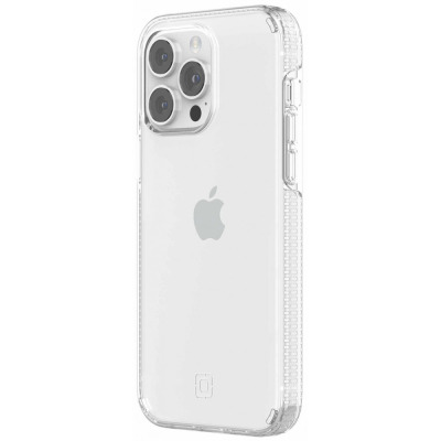 Bezbarwne etui Incipio Duo do iPhone 14 Pro Max, ukazujące tylną część telefonu z potrójnym aparatem, logo Apple oraz charakterystyczną fakturę boków.