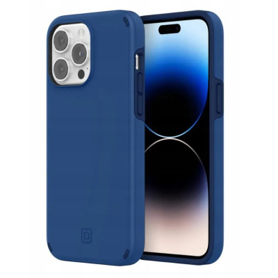 Granatowe etui Incipio Duo MagSafe do iPhone 14 Pro Max, ukazujące tył z wycięciem na potrójny aparat oraz profil telefonu z widocznymi przyciskami bocznymi.