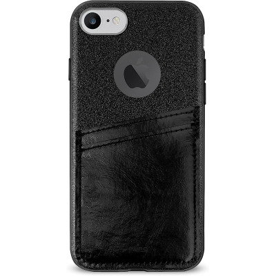 Czarne etui Puro Shine Pocket z kieszonką na kartę płatniczą do iPhone 7/8, prezentujące tył z wycięciem na aparat oraz przód z aktywnym ekranem telefonu.