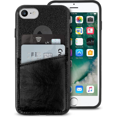 Czarne etui Puro Shine Pocket z kieszonką na kartę płatniczą do iPhone 7/8, prezentujące tył z wycięciem na aparat oraz przód z aktywnym ekranem telefonu.