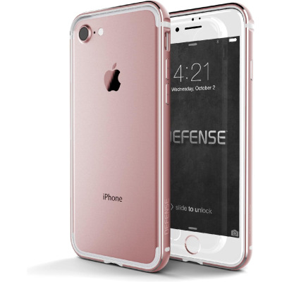 Różowe etui X-Doria Defense Edge do iPhone 7, ukazujące tył urządzenia z logo Apple oraz przód z ekranem blokady z napisem Defense i suwakiem odblokowania.
