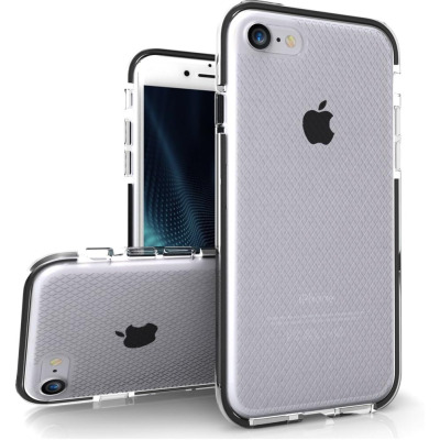 Etui Zizo Pulse do iPhone 7 z czarną ramką i przezroczystymi pleckami o geometrycznej fakturze, prezentowane w trzech ujęciach z widocznym logo Apple.